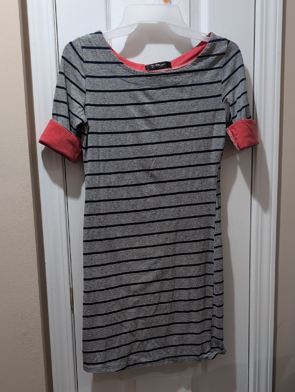 3/$15 Striped Gray and Navy Dress with Coral Trim